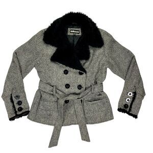 Dollhouse Tweed Wool Coat XL Faux Fur Collar & Cuffs Modern Chic Elegant Jacket